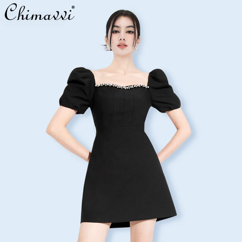 

French Hepburn Style Elegant Socialite Beaded Square Collar Puff Sleeve High Waist Slim Fit A-line Black Short Dress For Women