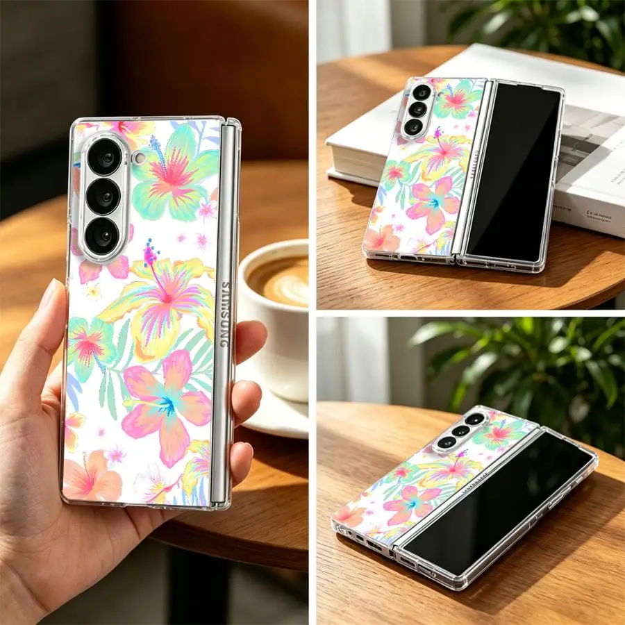 Case for Samsung Galaxy ZFold7 ZFold3 Z Fold 7 6 5 4 3 ZFold6 ZFold4 ZFold5 Hard Phone Cover Tropical Hibiscus Flower