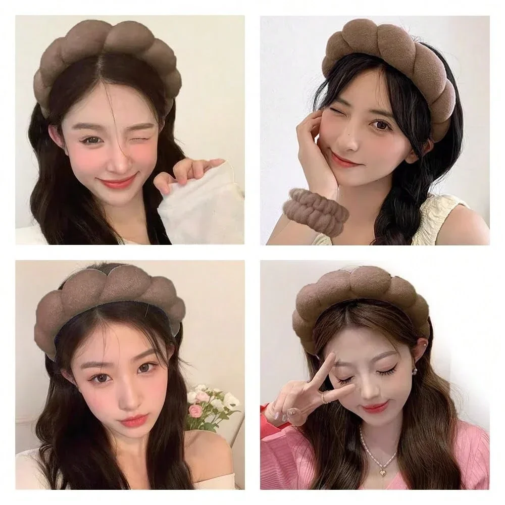 

Набор для спа-процедур: повязка на голову и манжеты для запястий из махровой ткани, мягкая, нескользящая, для ухода за кожей, макияжа и умывания лица.