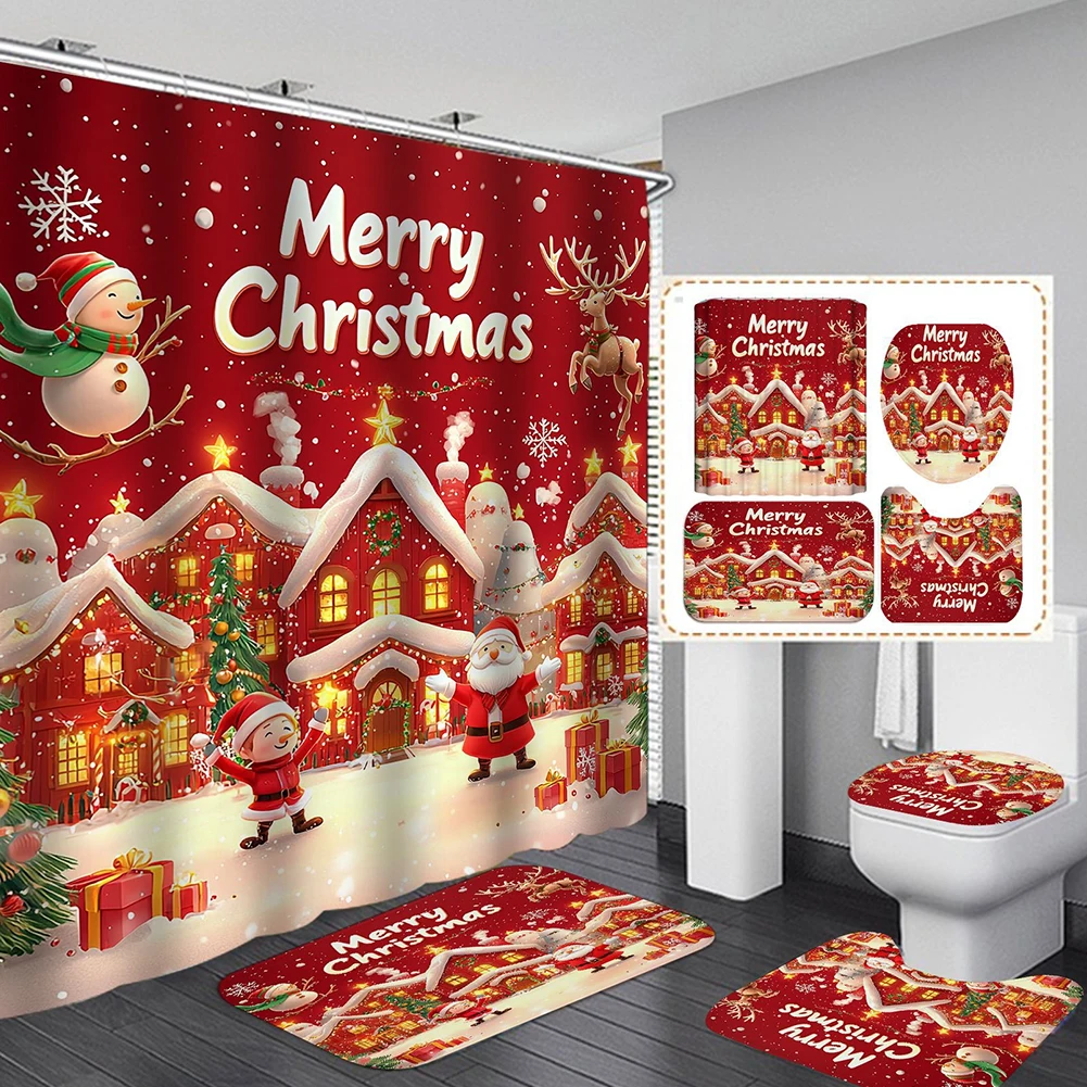4 قطع عيد الميلاد دش الستار مجموعة سانتا كلوز المطبوعة ستارة مقاومة للماء مع البساط غطاء المرحاض غطاء حمام حصيرة لديكور السنة الجديدة #6