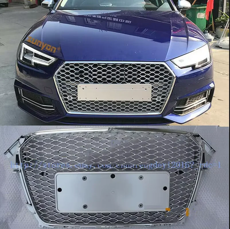 Para Audi A4 S4 B8 2013 2014 2015 2016 RS estilo Euro panal malla hexagonal plata brillante Grill TRim accesorios de coche
