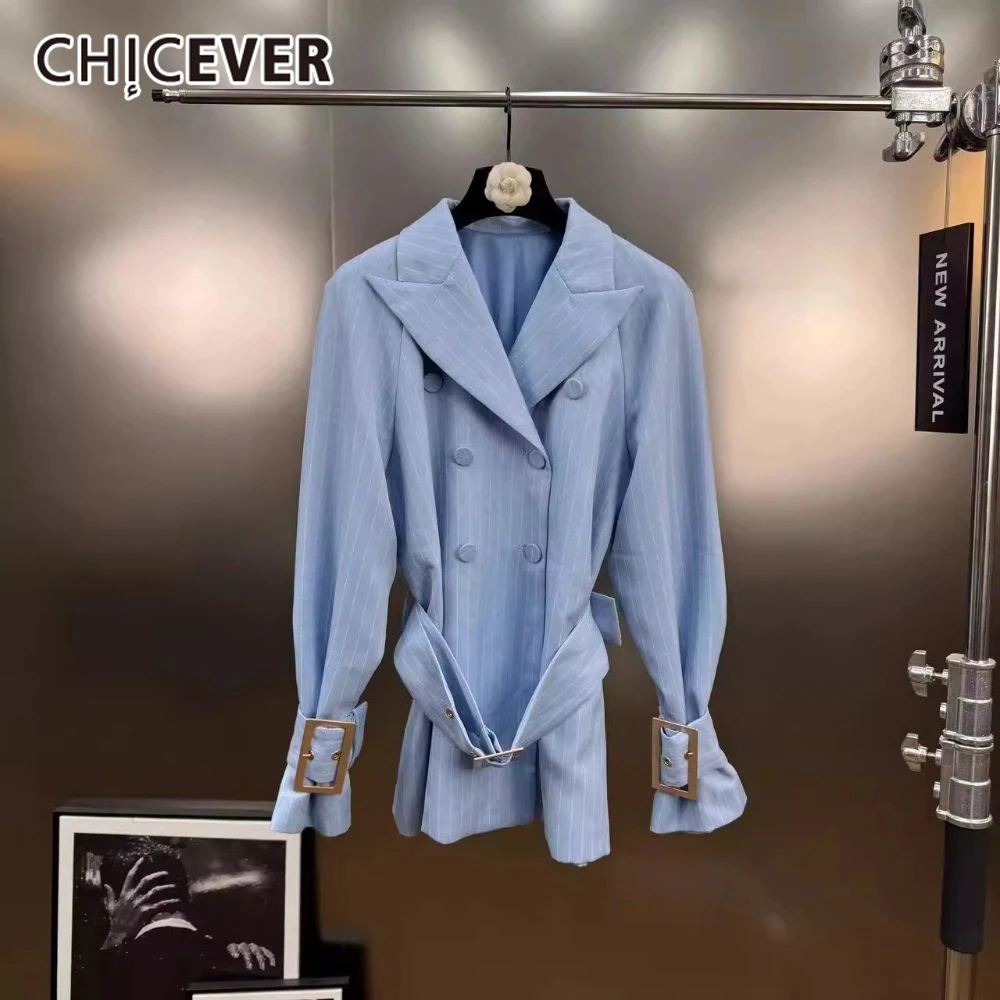 CHICEVER Striped Office Patchwork Sashes Coat For Women Lapel Long Sleeve Spliced Double Breasted Temperament Blazer Female New