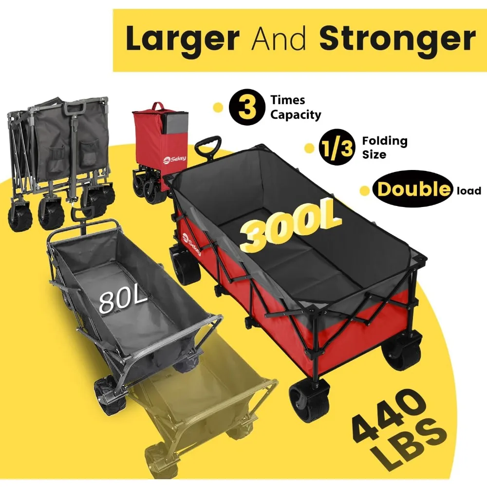 48''L Collapsible Foldable Extended Wagon with 440lbs Weight Capacity, Heavy Duty 300L Folding Utility Garden Cart with Big All