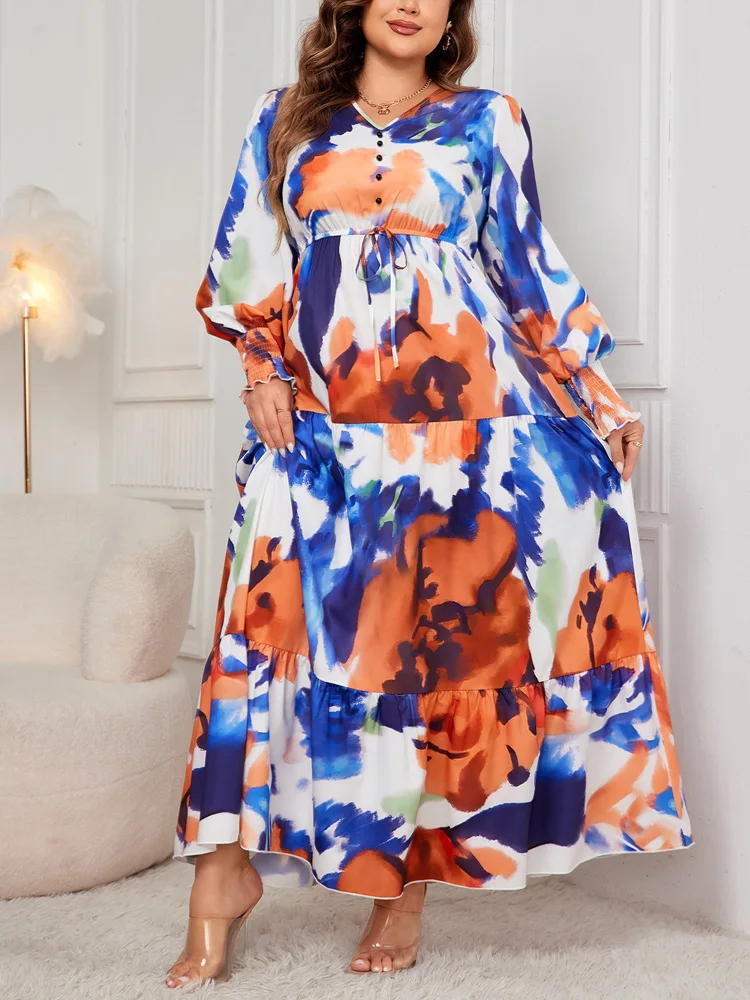 GIBSIE-Robe imprimée grande taille pour femme, col en V, nœud sur le devant, taille haute, manches longues, ourlet à volants, robes maxi décontractées, automne, nouveau, 2024