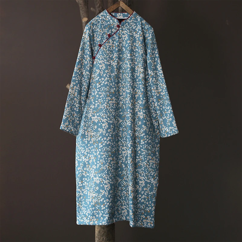 

Новое женское повседневное длинное платье в китайском стиле, весна 2026, винтажное, с воротником-стойкой, с цветочным принтом, из хлопка и льна, M2302