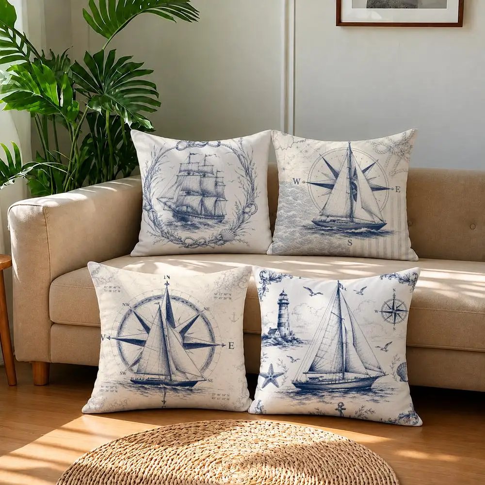 Pattern Sailing Sailboat Cushion Cover Short Plush Pillowcase, Sofa Bedroom Home Decor & Holiday Gift