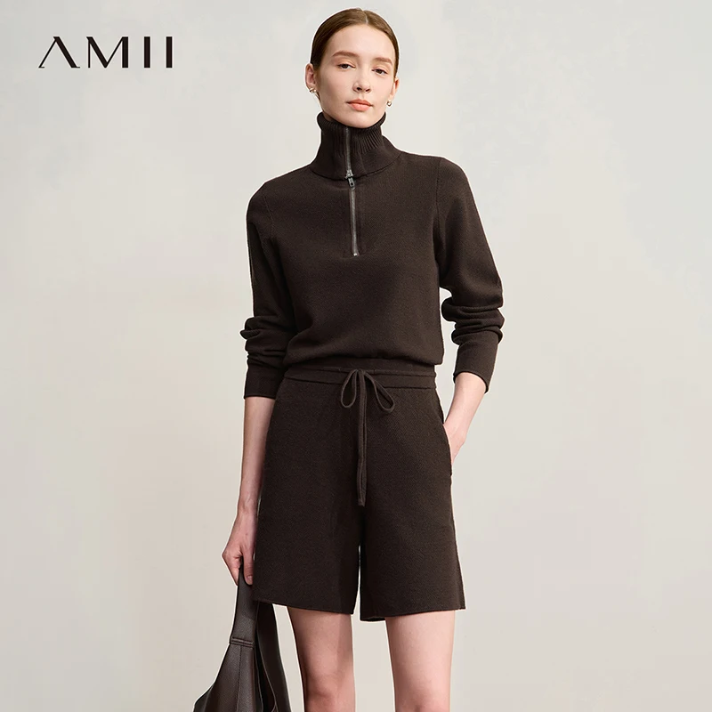 

AMII Shorts for Woman 2025 Autumn New Minimalist Casual Turtleneck Sweatshirt Solid Color Ladies Clothes Knitted Shorts 12543093