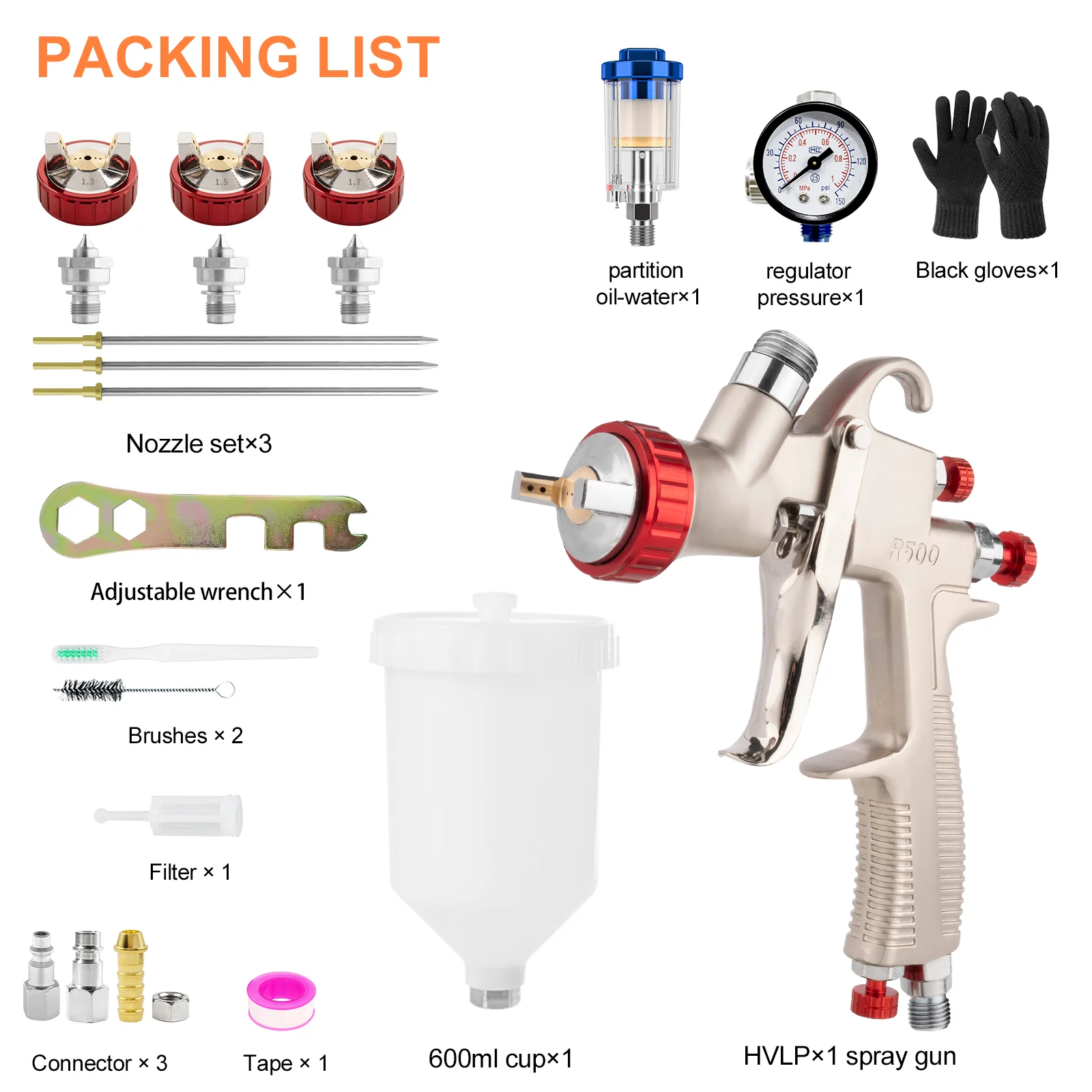 LVLP R500 Spray Gun with 1.3/1.5/1.7mm Nozzles 600ml Cup Air Regulator Filter & Air Gauge Painting Sprayer Gun Tool for Car