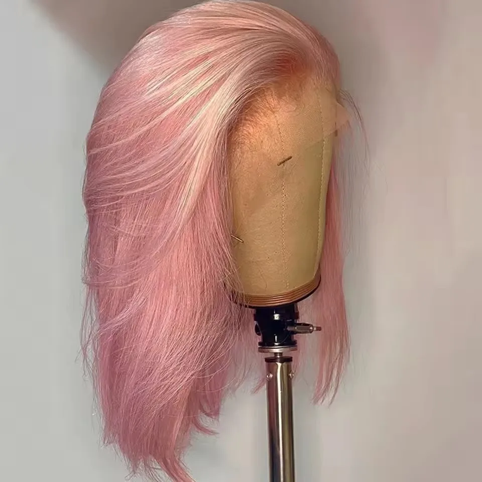 QW Synthetic Hair Pink Purple Bob Short Straight Soft 13X4 Lace Front Wig For Women Hair Heat Resistant Fiber Cosplay  Daily