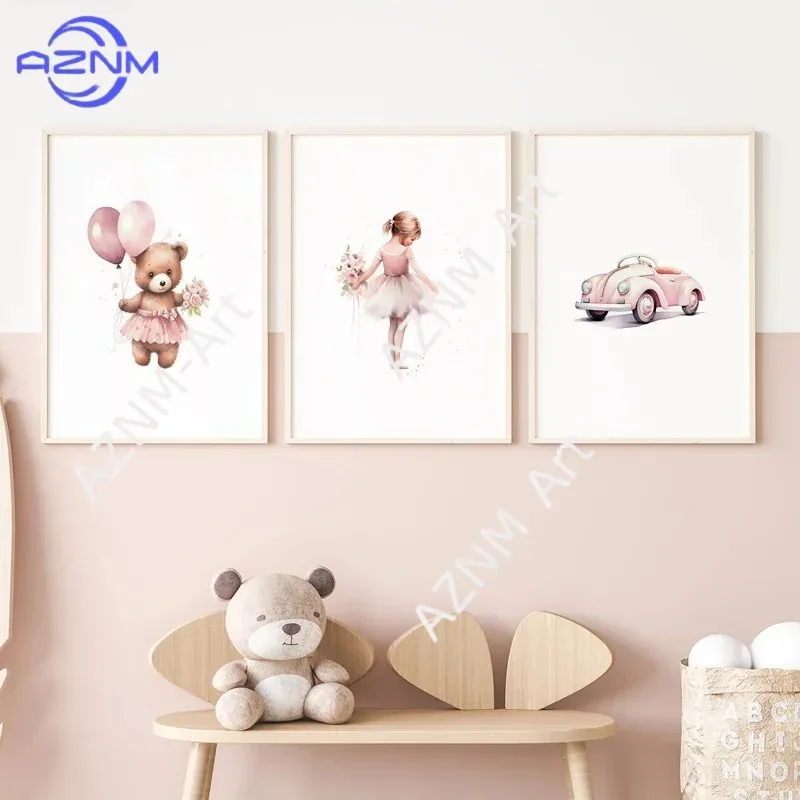 Whimsical Pink Kids' Gallery Wall  Frameless Balloon Bear, Ballerina & Car Canvas Prints for Children's Bedroom