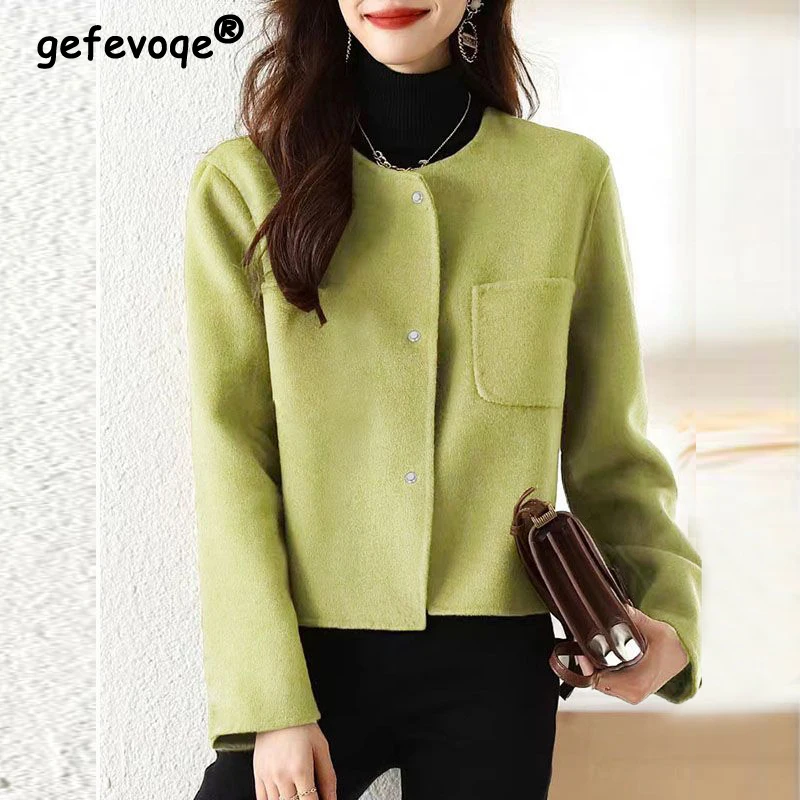 

Women Clothing New Autumn Winter Korean Fashion Elegant Luxury Chic Cropped Coat Casual O Neck Solid Long Sleeve Outewear Jacket