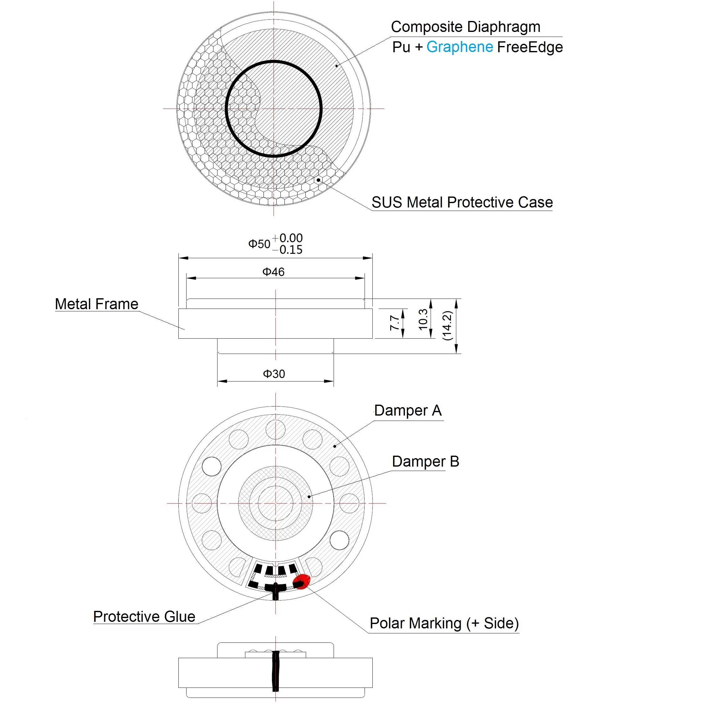 High-impedance headphone Driver 50mm 300ohm Metal aluminum frame Hi-compliance the diaphragm with high grade Neodymium magnet