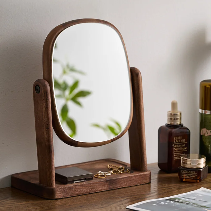 Dresser, makeup mirror, walnut mirror frame, desktop solid wood medium antique style can be rotated