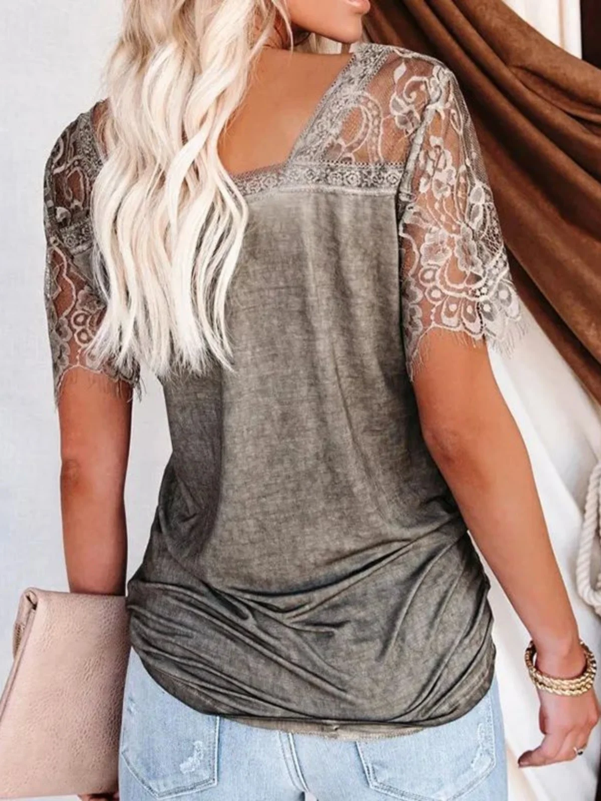 Dentelle Sve v-ne couleur Pure T-shirt femmes rue Sle coupe ajustée longue Sve irt filles décontracté extérieur Faion haut