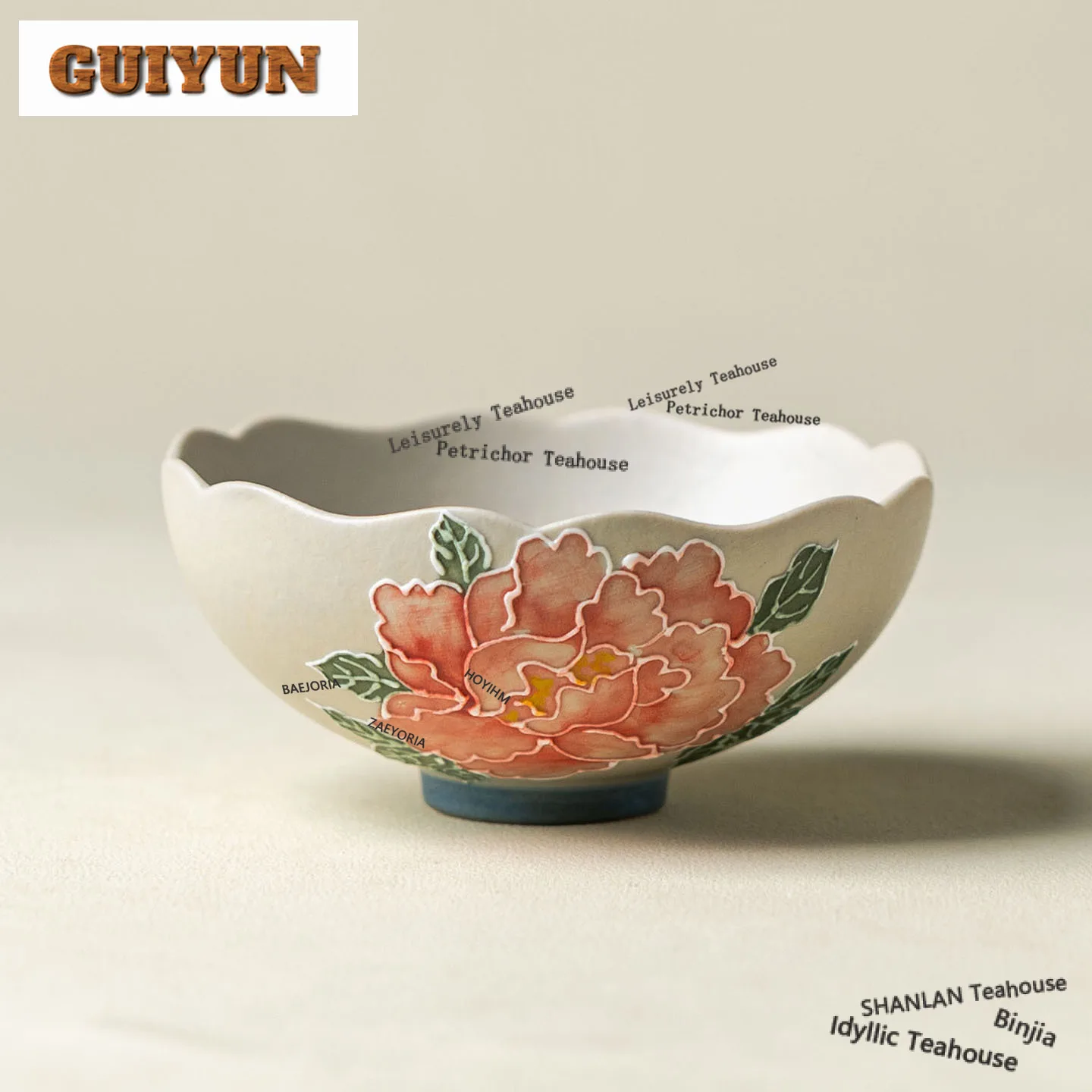 HOYIHM 80ml Flower Mouth Hand-painted Peony Teacup Retro Tea Bowl Water Jug Tea-tasting Personal Cup Chazhan Master Cups Craft