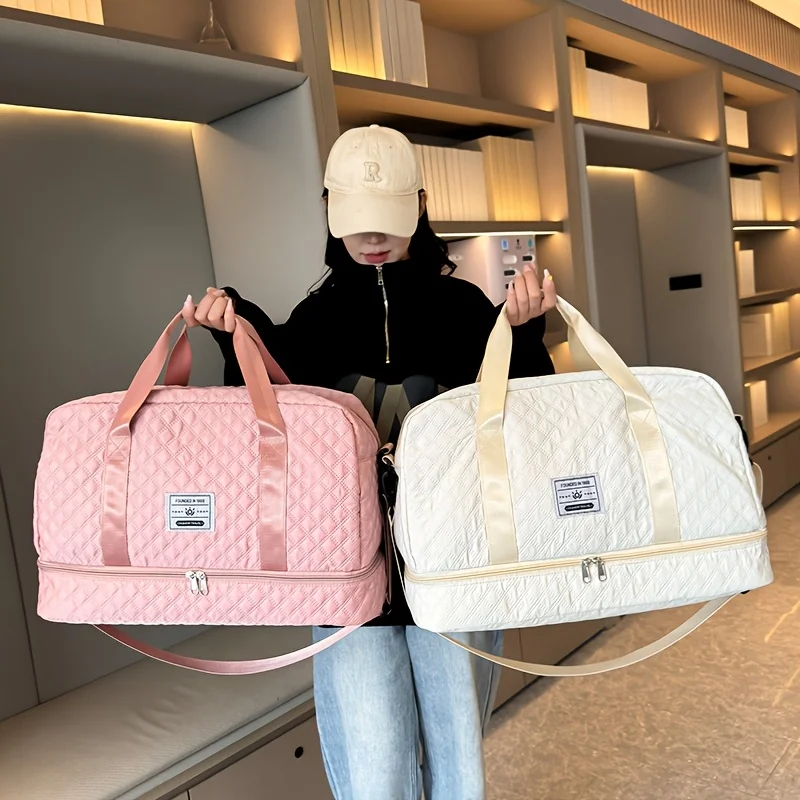 

Casual Large Capacity Travel Duffel Bag, Lightweight Rhombic Lattice Design, Solid Color Weekender Overnight Bag