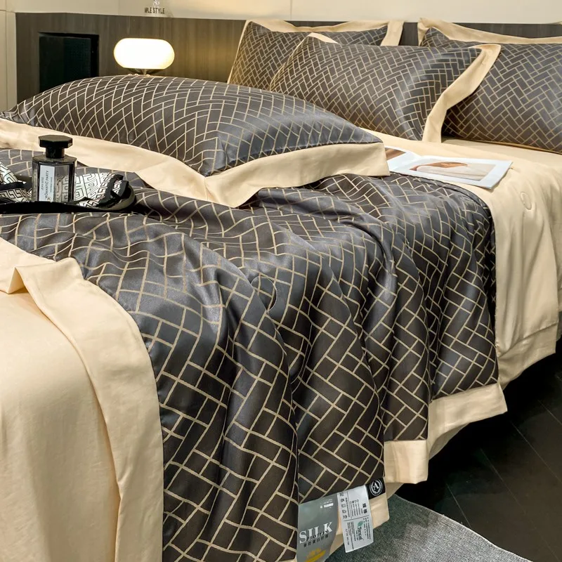 Summer Black Silver Diamond Ice Silk Eucalyptus Lyocell Quilt Set, Cool Washable Quilt Bed Sheet 2 Pillowcases Lightweight