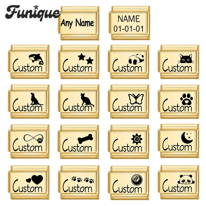 FUNIQUE CUSTOM MADE Name Date Word Logo Italian Charm Links Fit 9mm Bracelet Stainless Steel Jewelry Making