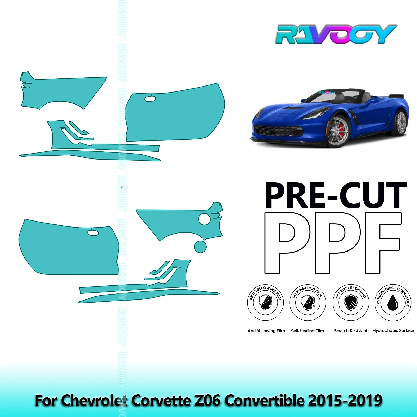 

For Chevrolet Corvette Z06 Convertible 2015-2019 8.5mil Pre-Cut PPF Door & A/B Pillar Kit TPU Paint Protection Film Set