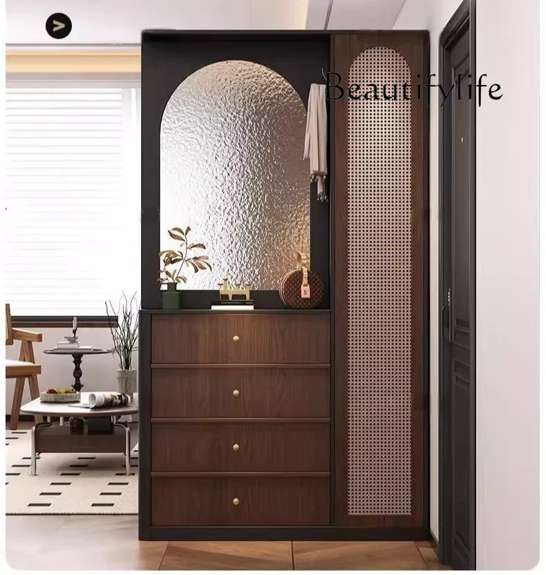 

Medieval solid wood porch cabinet, facing the door, living room partition screen, rattan shoe cabinet, high-end storage cabinet