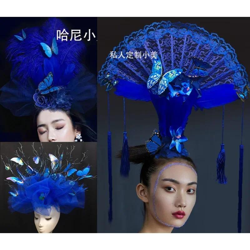 Blue and white porcelain blue yarn bow headgear exaggerated children's model cheongsam makeup style one piece