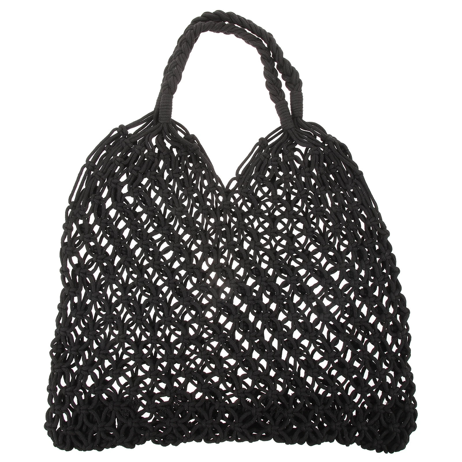 

Handmade Straw Beach Bag Knitted Shoulder Purse Foldable Black Travel Cross Body Cotton Rope Lightweight Eco Friendly Reusable