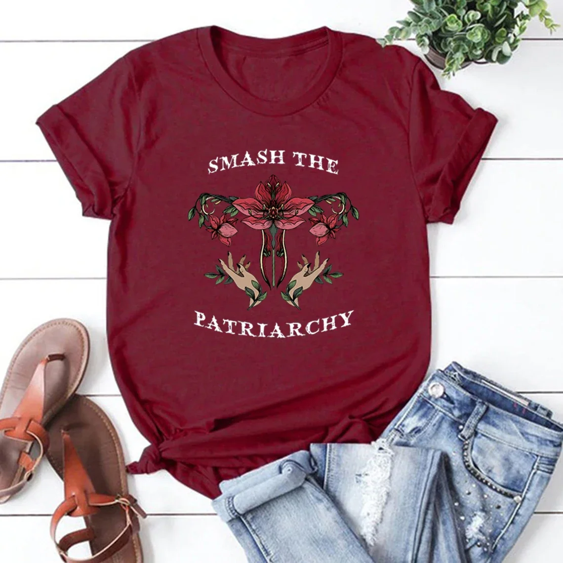 Smash The Patriachy T shirt Floral Feminist Aesthetics Print Clothing Women's Tops Harajuku Graphic Clothing Female Casual Tee