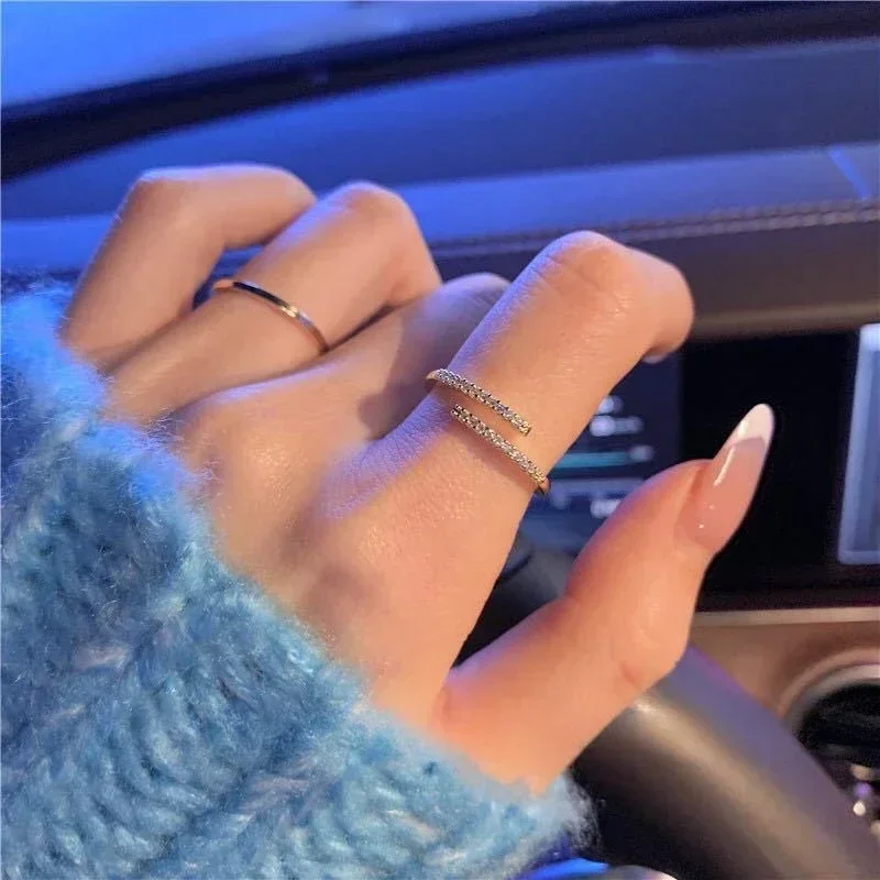 Exquisite Stainless Steel Line Double Layer Couple Opening Rings for Women Men Classic High Quality Gold Color Zircon Jewelry