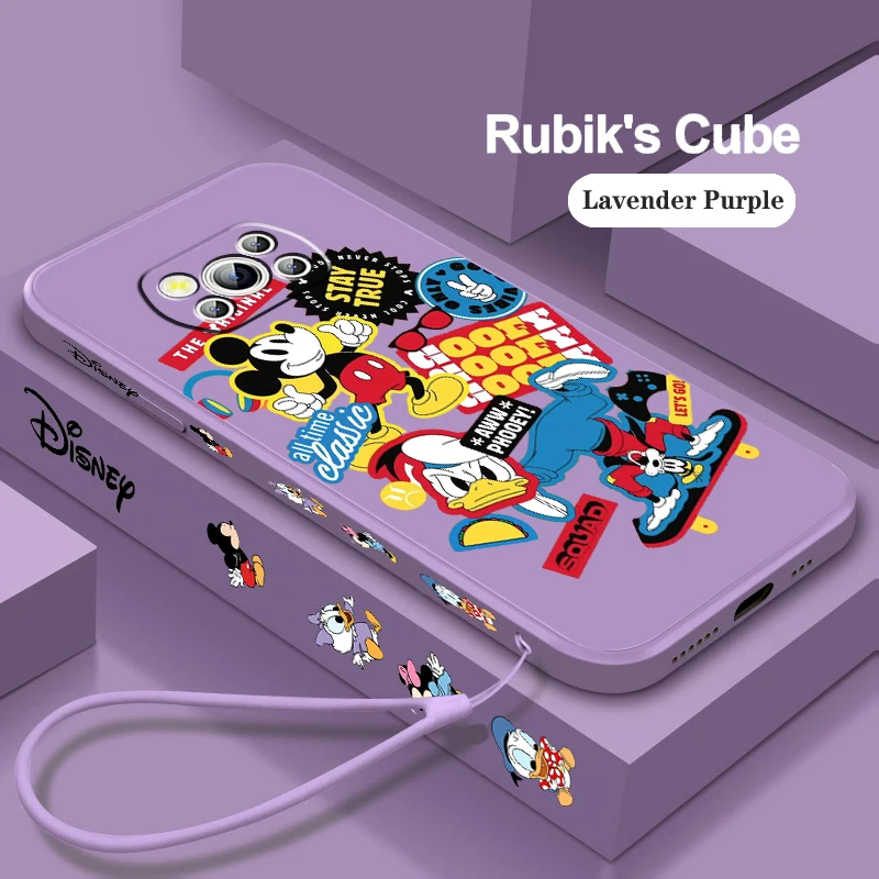 Disney Mickey Donald Duck Liquid Left Rope For Xiaomi Mi Poco X5 X4 X3 M6 M5 M5S M4 M3 F5 F4 F3 C55 C40 Pro 5G Back Phone Case