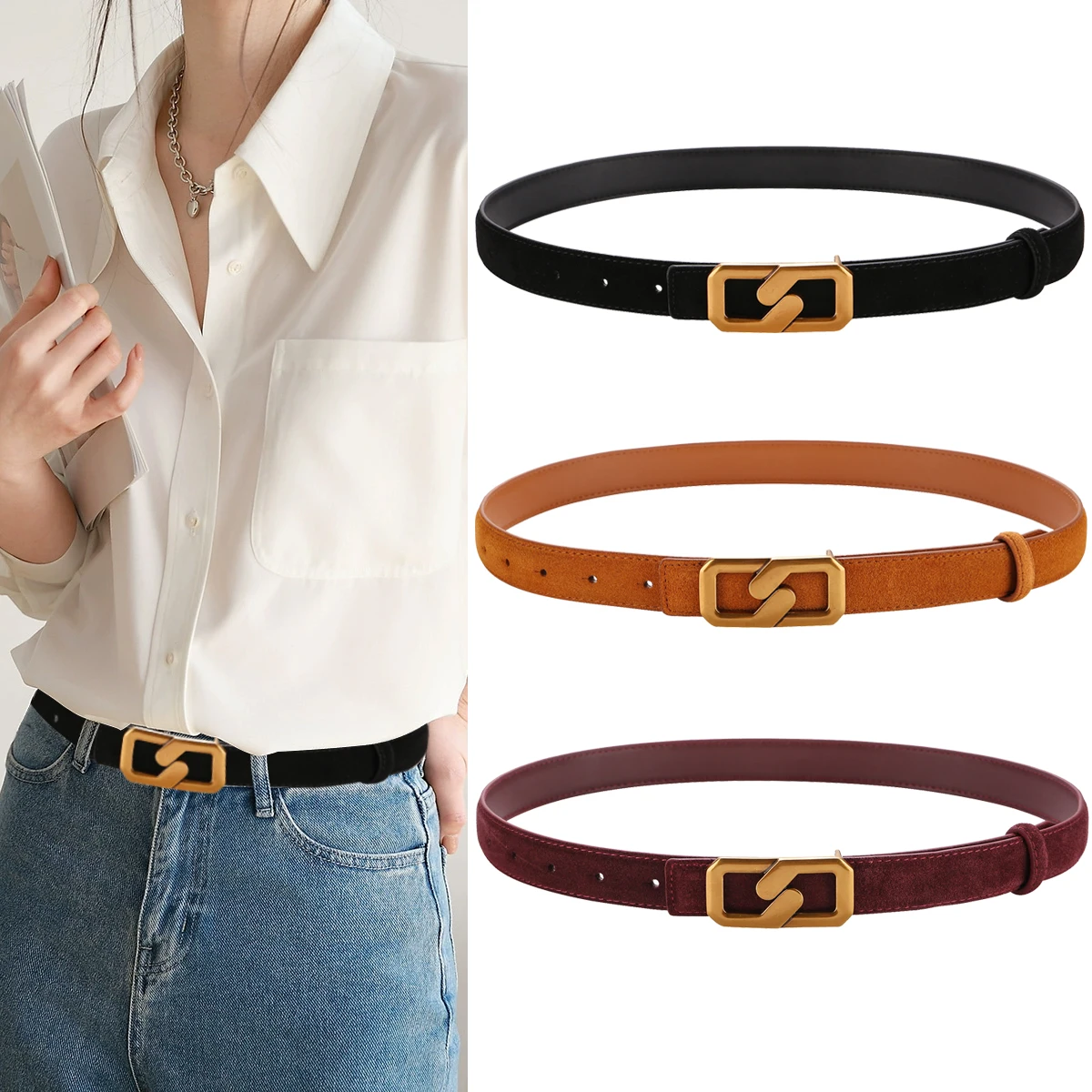 Trendy Women's Cowhide Suede Belt with 8 Shaped Buckle Stylish and Versatile Accessory for Jeans and Suits Perfect for Youth