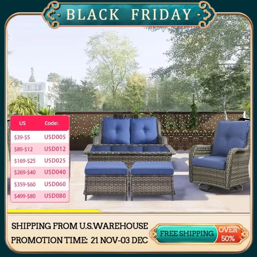 6 Piece Patio Furniture Set with 2 Swivel Rocking Chairs, 2 Ottomans, 1 Double Seating and 1 Coffee Table for Garden, Backyard