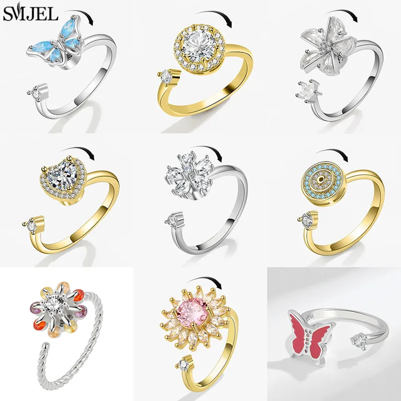 Luxus Mode Sonnenblume Anti Stress Rotierenden Ringe für Frauen Kristall Schmetterling Runde Herz Angst Ring Knuckle Schmuck Anillos