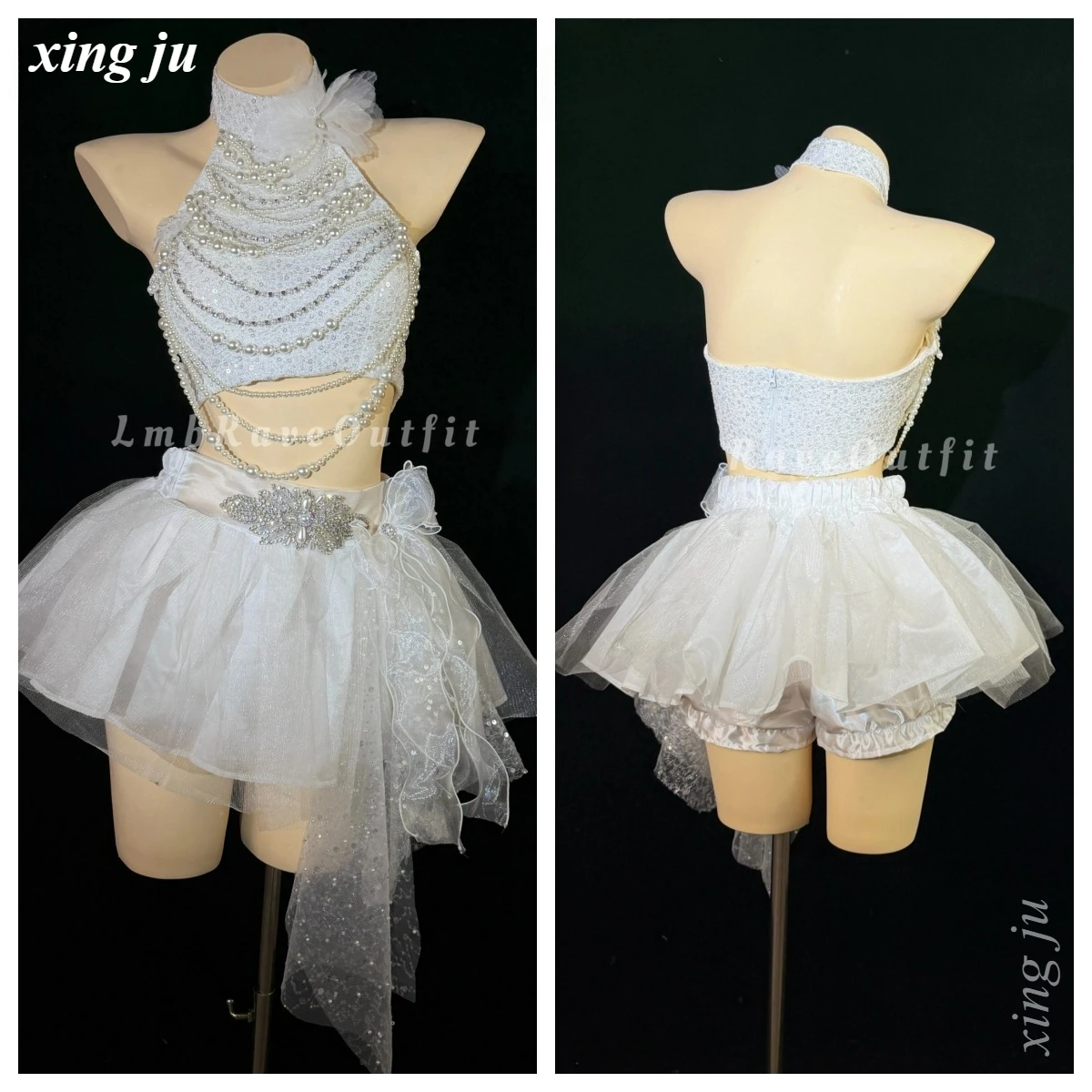 Xing Ju - Vestido de Fiesta de Lujo con Pedrería Blanca, Flecos de Perlas, Top Halter, Falda de Gasa con Encaje, para Cumpleaños, Club, Cantante, Baile, Disfraz de Escenario