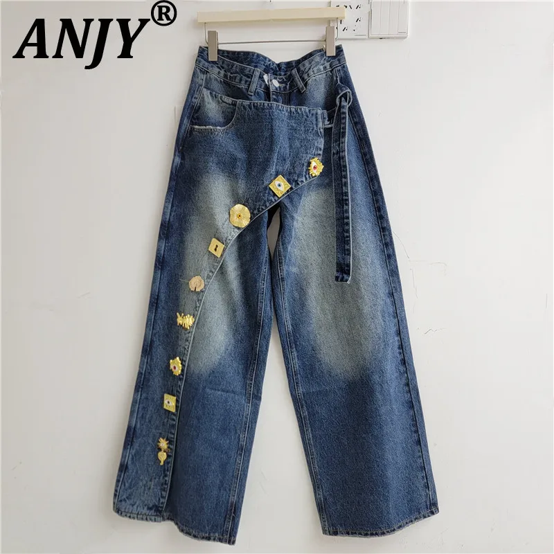 ANJY Spring Autumn New Women American Style High Street Metal Buckle Design Jeans Loose Vintage Washed Trendy Denim Pants A28224