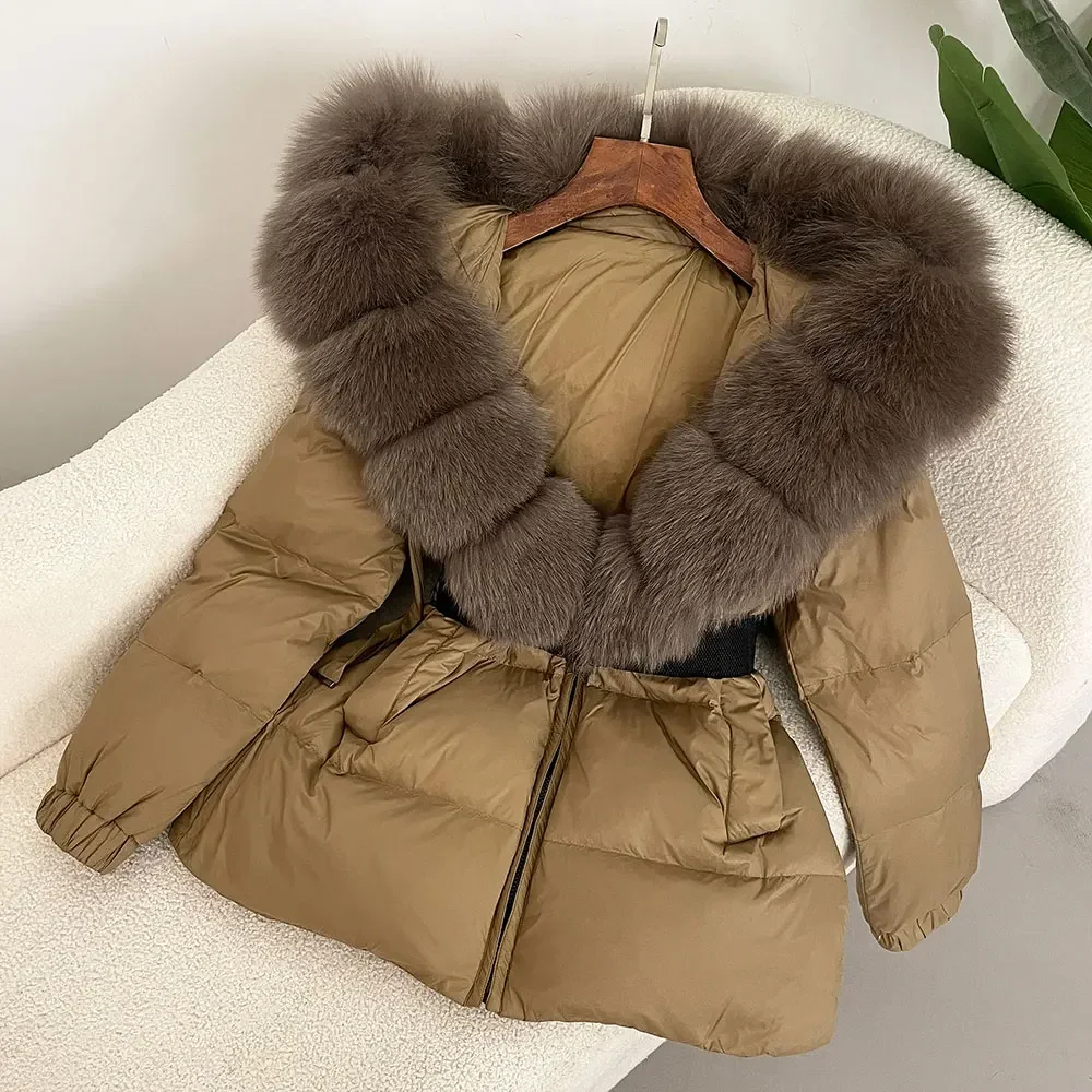 Piumino Parka femminile Piumino invernale impermeabile Piumino d'anatra bianco Piumino da donna Nuova vera pelliccia di volpe con cappuccio spesso caldo
