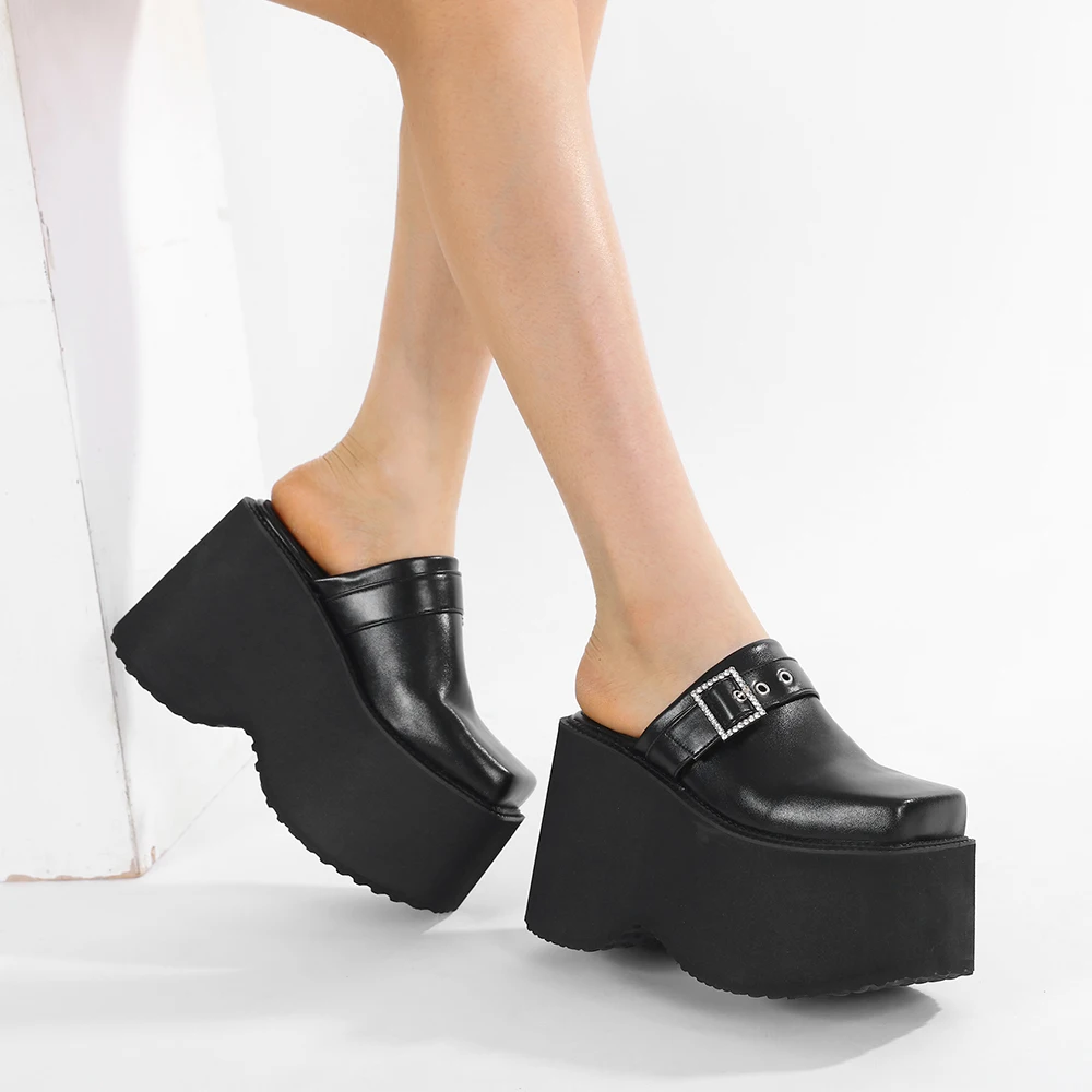 

Gdgydh Rhinestone Wedges mules shoes Women high heel pumps Fashion slipper platform Sandals Comfortable Square toe Summer Shoes
