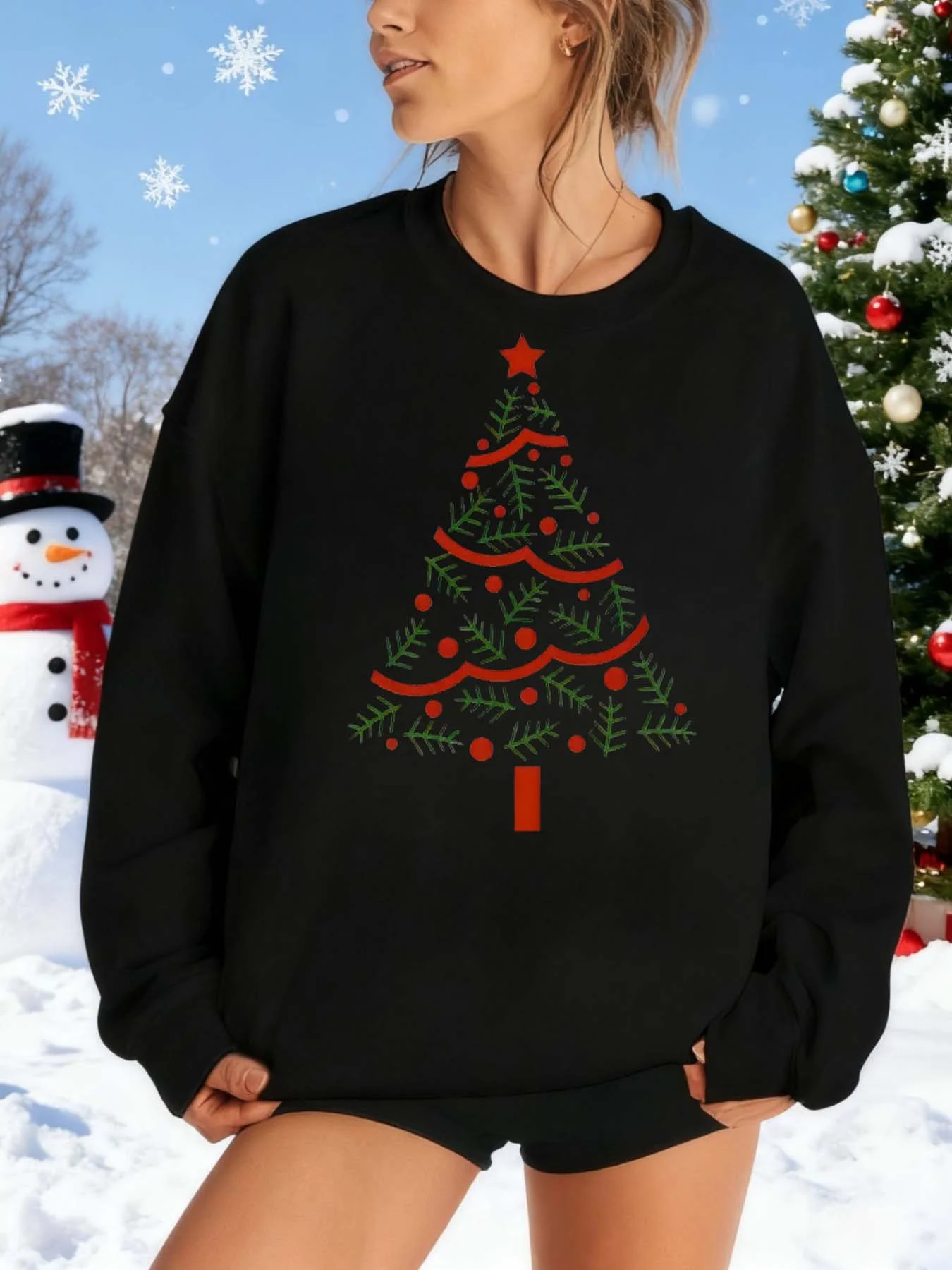 

Women's Oversized Christmas Tree Print Hoodie - Cozy Winter Pullover Sweatshirt with Red & Green Holiday Design, Foldable Storag