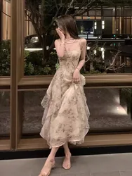 Pure desire high-end ink blue and white suspender long dress Sanya vacation beach dress irregular ruffle edge floral dress Y27Y