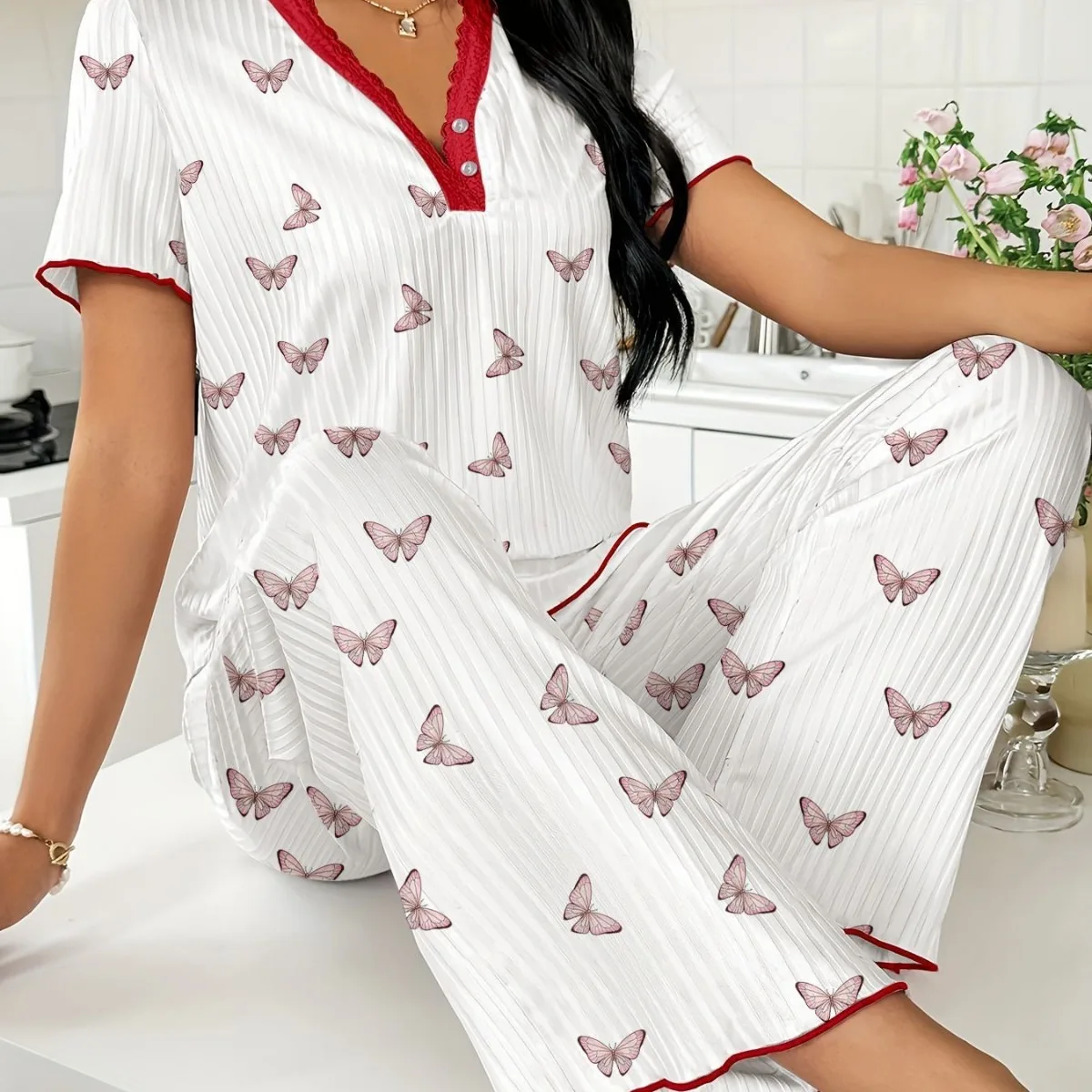 

Casual Printed Pajamas For Women Two Pieces Sleepwear Women's Pajama Trousers Loungewear Sets Nightwear Female Home Suit Clothes