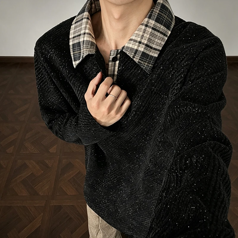 Herren-Polohemd mit Karomuster am Kragen, langärmelig, für den Herbst, aus strukturierter Strickware, lockere Passform, lässiges Oberteil, Kontrastkragen, ideal für den täglichen Gebrauch, Pullover. – Detail 17