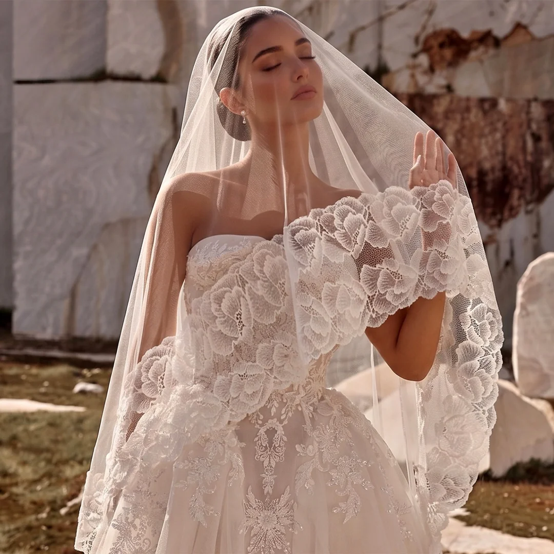 Elegant Vintage Large Floral Lace Edge Bridal Veil Soft Tulle Wedding Veil Bride Photography Accessories Velo De Novia