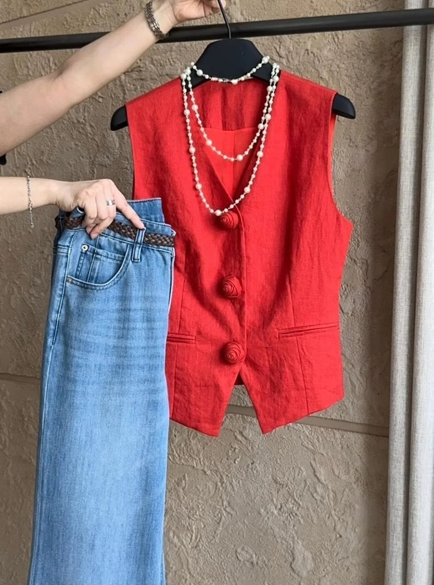 Letnia Lekka Czerwona Lniana Kamizelka Damska Cienka Elegancka Wyjątkowa Super Piękna Odmładzająca Osobowość Modny ...