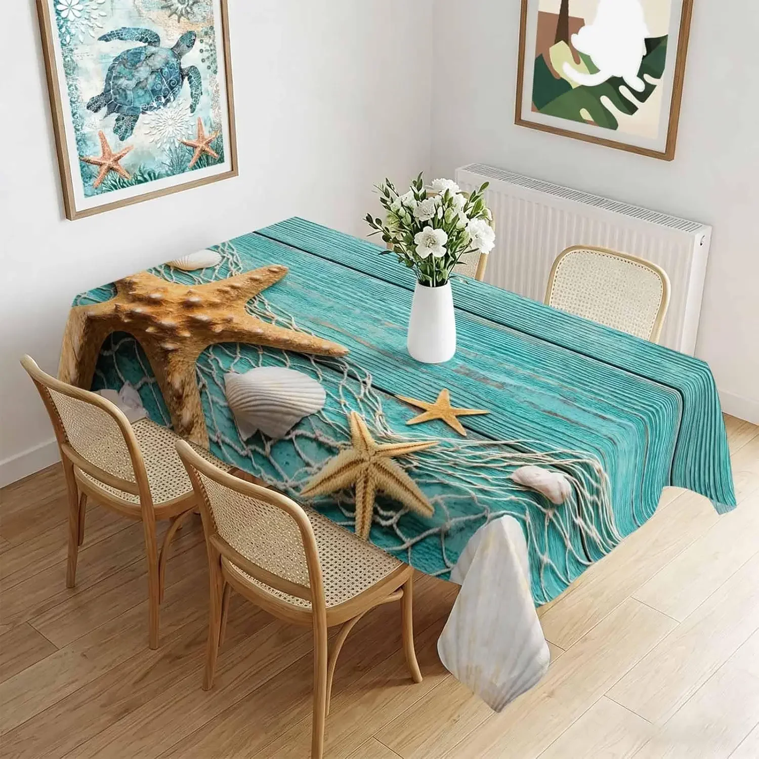 1Pc Marine Style Tablecloth Blue Starfish Shell Print Table Cover For Dining Kitchen Decor Dustproof Rectangular Cloth