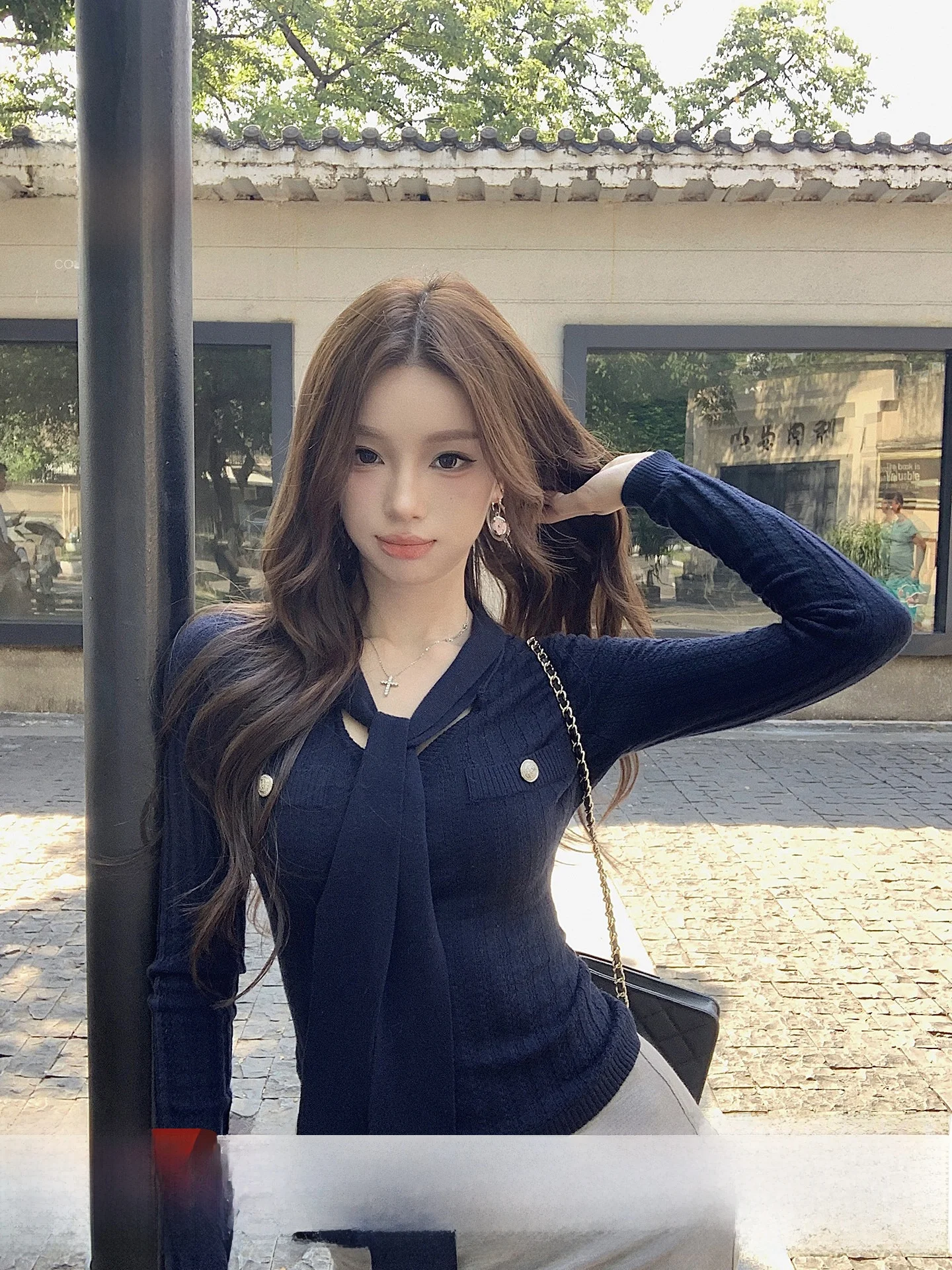 

Meat Yao Blue V-ne Knitted Top Women's Slim Fit Waist Cinched Belted Casual Sle Long Sve Faion Spring New