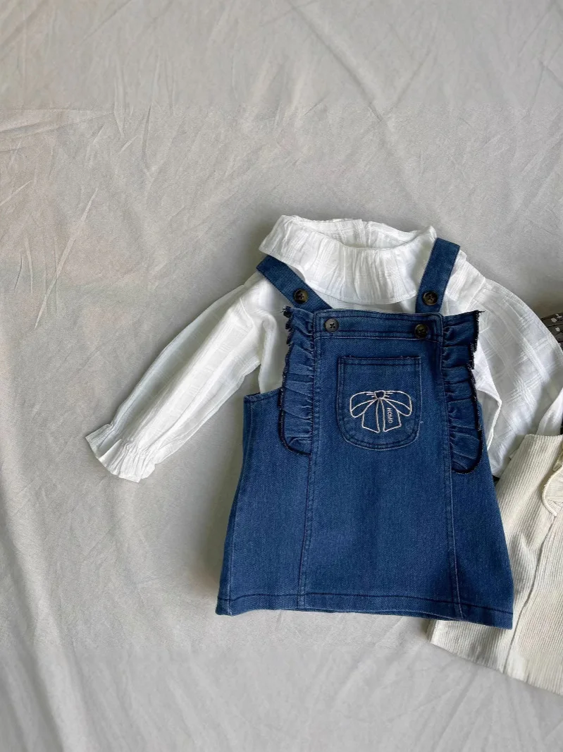 Robe en fibre Denim pour bébés filles, broderie de nœud mignon, robe de princesse douce, robe à bretelles pour tout-petits, mode printemps, nouveau, 2025