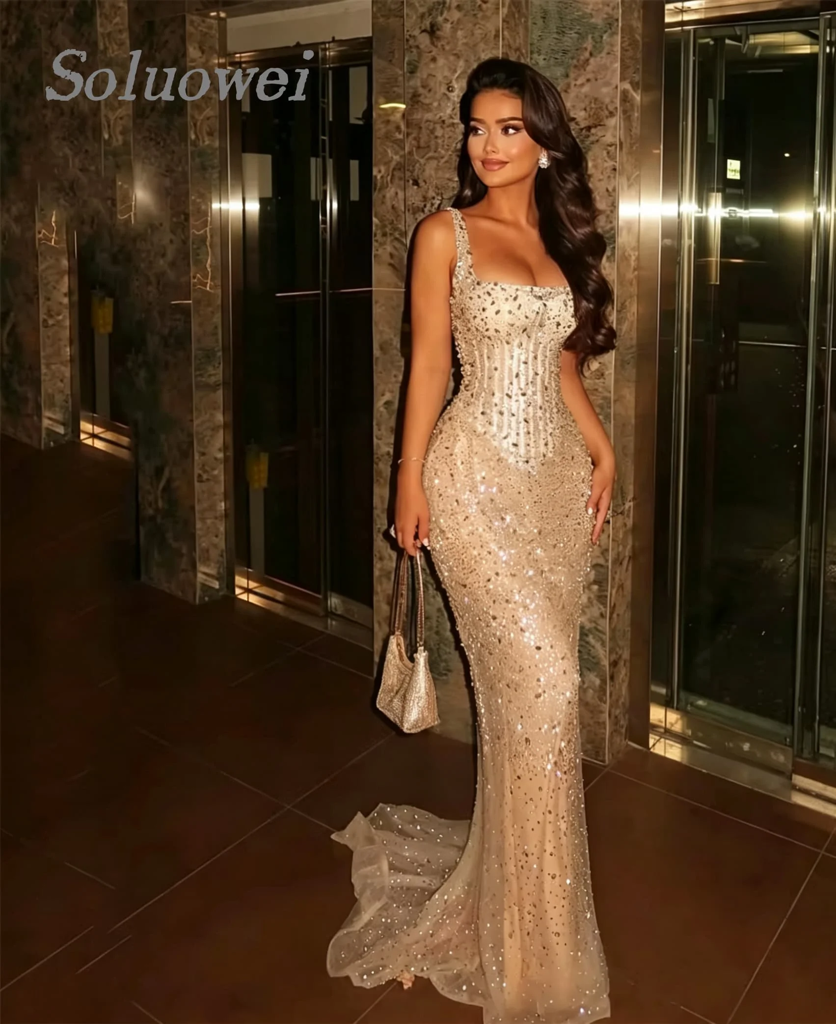 Customized Sparkly Rhinestone Mermaid Evening Dresses With Train Square Neck Sleeveless Formal Party Prom Gown Vestidos De Noche