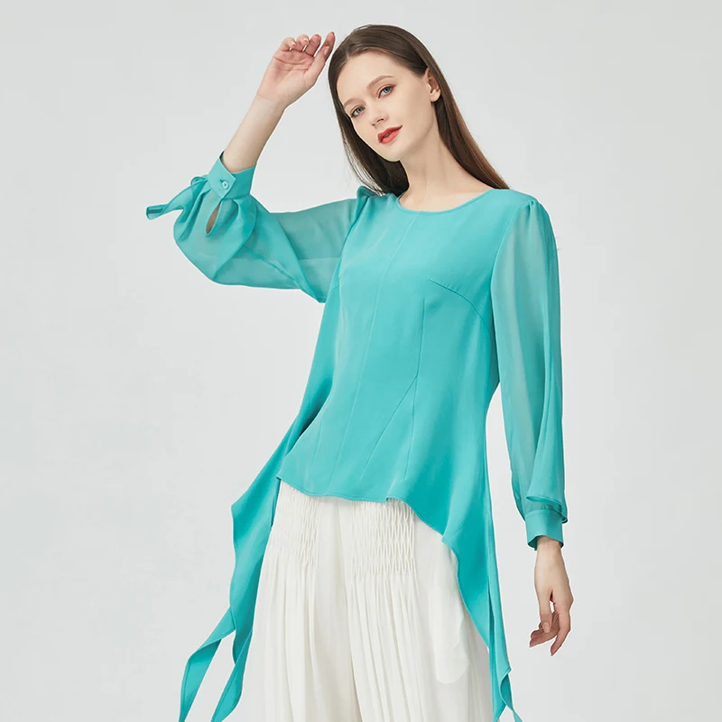 

Spring Autumn 100% Mulberry Silk Mojito Blue Georgette O-Neck Tops Long Sleeve Stylish Sharp Angle Pendulum T-Shirt BE791