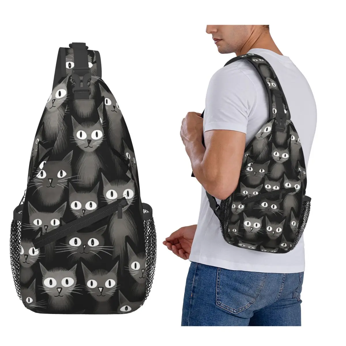 

Нагрудная сумка с подвесным рисунком кошек, мужской рюкзак через плечо, нагрудная сумка, дорожный походный рюкзак, сумка на плечо