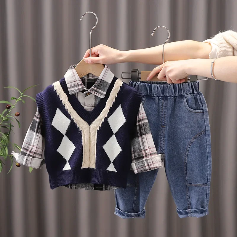 3PCS Baby Boys Clothing Set Sweater Cardigan Vest Long Sleeve Shirts Jeans Pants Boys Clothes Set