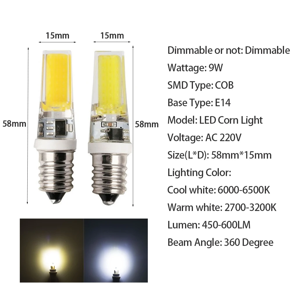 Dimmable E14 G9 Mini LED Lamp COB 9W LED Lights Silicone Crystal Lamps 220V Chandelier Crystal Light Warm Cool White Bulbs 2508